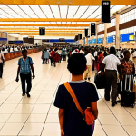 **Prompt:** A bustling Angola airport scene with travelers, focusing on efficient customs and immigration processes; clear signage in Chinese Simplified and Portuguese; warm lighting.