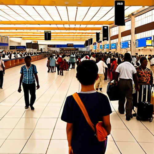 **Prompt:** A bustling Angola airport scene with travelers, focusing on efficient customs and immigration processes; clear signage in Chinese Simplified and Portuguese; warm lighting.