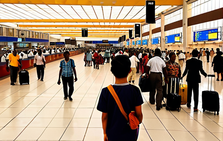 **Prompt:** A bustling Angola airport scene with travelers, focusing on efficient customs and immigration processes; clear signage in Chinese Simplified and Portuguese; warm lighting.